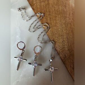 Sterling Silver Cross Pendant Necklace and Earrings Set